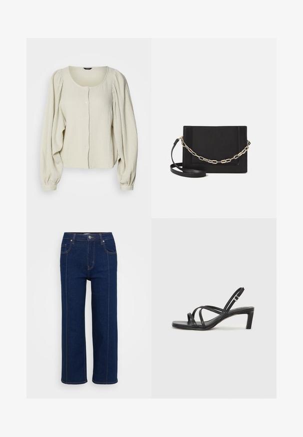 Hellbeige Bluse aus strukturiertem Stoff, mit rundem Halsausschnitt, Knopfleiste und langen, gepufften Ärmeln mit Raffung.; Dunkelblaue weit geschnittene Jeans aus Denim, mit einem Reißverschluss vorne, Metallschnalle und kontrastierenden orangen Nähten an den Säumen.; Schwarze Sandale mit Riemchen, quadratischer Zehenform und niedrigem Blockabsatz. Verfügt über mehrere dünne Riemen und einen verstellbaren Knöchelriemen. Hergestellt aus glattem Leder.; Schwarze Leder-Crossbody-Tasche mit glatter Textur, rechteckiger Form und metallic-kettendetail auf der Vorderseite. Verstellbarer Gurt inklusive.