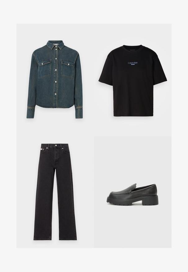 Denim shirt with a collared neckline, long sleeves, two chest pockets, and front button closure. Dark blue color with faded texture.; Black cotton t-shirt with a round neck, short sleeves, and blue embroidered "Calvin Klein JEANS" logo on the front.; Black wide-leg jeans made of denim, featuring a high-rise waist, five-pocket styling, and a metal button closure with contrasting stitching.; Black leather loafers with a rounded toe, thick textured sole, and minimal stitching details. Sleek design with no visible laces or hardware.