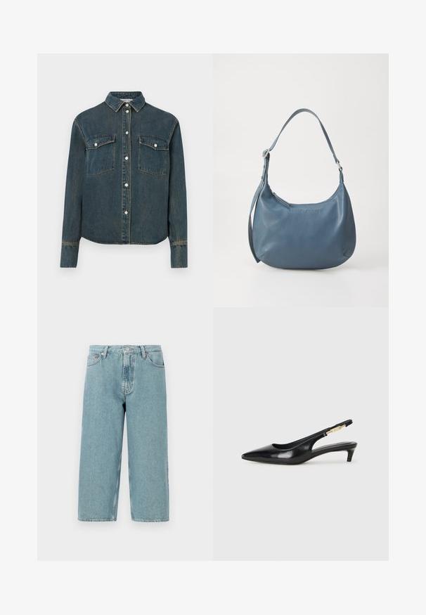 Camisa de denim com gola, mangas longas, dois bolsos no peito e fecho frontal com botões. Cor azul escura com textura desgastada.; Shorts de denim azul claro com cintura alta, corte reto e bainha desfiada. Apresenta um fecho clássico de botão e zipper, além de quatro bolsos.; Saltos slingback em couro preto com bico fino, apresentando um salto esguio e um detalhe em tom dourado na alça ajustável. Textura suave.; Bolsa de couro azul com formato arredondado, alça única para o ombro, fecho em zíper e nome da marca em relevo na parte da frente. Textura suave.