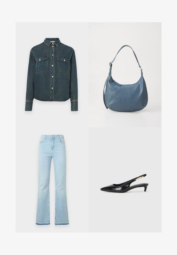 Denimhemd mit kragenlosem Ausschnitt, langen Ärmeln, zwei Brusttaschen und Frontknopfverschluss. Dunkelblaue Farbe mit ausgebleichtem Muster.; Hellblaue Schlagjeans aus Denim, mit hoher Taille, Vordertaschen und einem rohen Saum an den Bündchen für einen lässigen Look.; Schwarze Leder-Slingback-Pumps mit spitzem Schuhblatt, ausgestattet mit einem schlanken Absatz und einem goldfarbigen Akzent am verstellbaren Riemen. Glatte Textur.; Blaue Lederhandtasche mit runder Form, einem Schulterriemen, Reißverschluss und eingeprägtem Markennamen auf der Vorderseite. Glatte Textur.