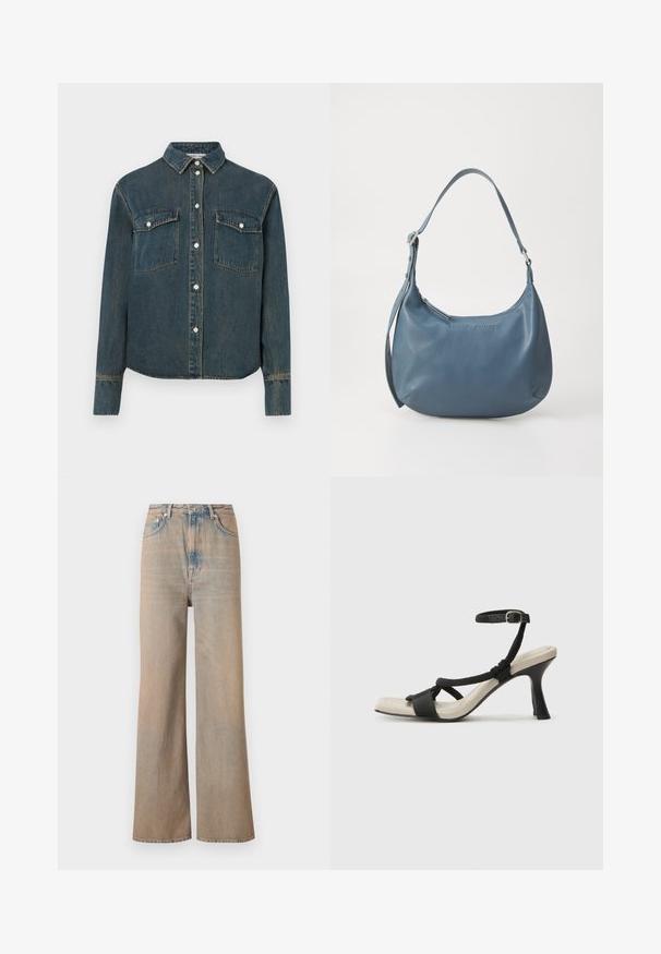 Farmering ing, galléros nyakkal, hosszú ujjakkal, két mellzsebbel és elülső gombos záródással. Sötétkék szín, elhalványult textúrával.; Fényes mosású, magas derekú, bő szárú farmernadrág. Finom varrásokkal és öt zsebbel rendelkezik, enyhén elhalványult textúrával.; Fekete sarkú szandál fonott pánttal, négyzet alakú orral és állítható bokapánttal. Világos bézs talpbetét fényes fekete sarkával.; Kerekded formájú, kék bőr kézitáska, egyetlen vállpánttal, cipzárral záródik, az elülső részen domborított márkanevével. Simák a textúrája.