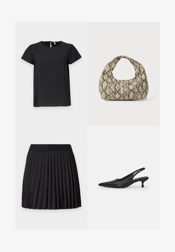 Fekete, rövid ujjú felső, kerek nyakkivágással és egyenes szabással. Finom fényű, hátsó részen kulcslyuk nyitással rendelkezik.; Fekete, pliszírozott szoknya sima textúrával, egyszínű fekete derékrésszel és a fronthoz írt logóval.; Fekete bőr szandálcipő hegyes orral és karcsú, ívelt sarokkal. Diszkrét, állítható pánttal rendelkezik, fém csattal.; Kígyómintás kézitáska ívelt fogantyúval. Texturált, bézs és barna anyagból készült, jellegzetes gyémántmintával.
