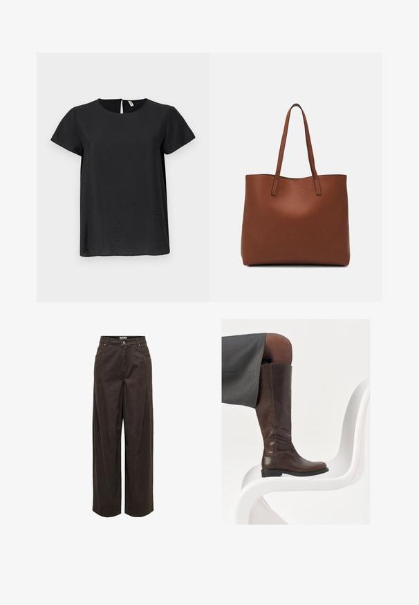 Juodas trumpomis rankovėmis viršus su apvaliomis iškirptėmis ir tiesiu kirpimu. Pasižymi subtiliu blizgesiu ir rakto skylutės atkriauka nugaros pusėje.; Tamsiai rudos, plačios kojinės kelnės, pagamintos iš medvilnės, turinčios klasikinį juosmenį, užtrauktuką, penkias kišenes ir minimalistinius siuvinėjimo elementus.; Rudos odinės iki kelių botai su apvalia nosimi, lygiu paviršiumi ir minimaliais siuvinėjimais, laikomi prieš šviesų foną ant baltos kėdės.; Ruda odinė priekabų krepšys su glotnia tekstūra, atviru viršumi ir dviem petnešomis. Su minimalia siuvimo detalėmis ir nematoma aparatūra.