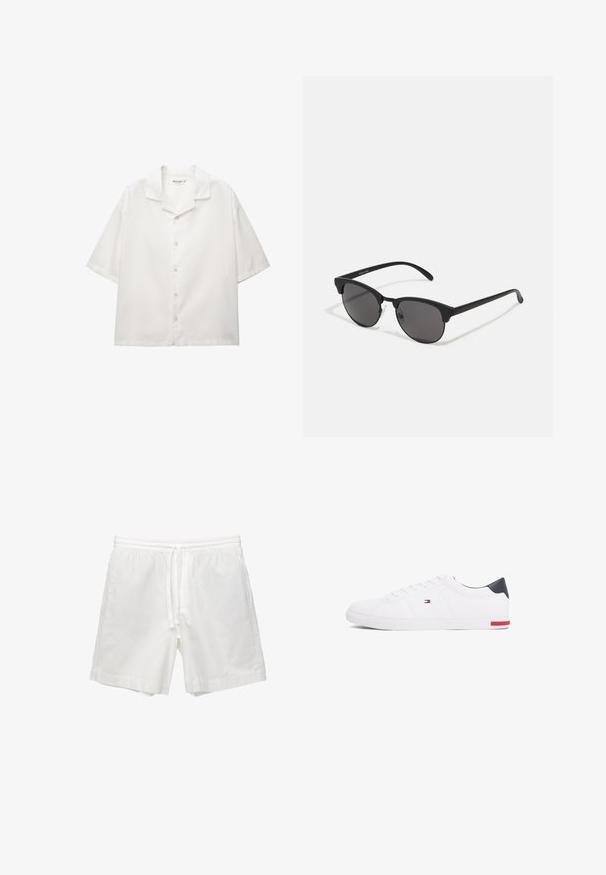 Košeľa s krátkym rukávom a otvoreným golierom z bielej bavlny. Má zapínanie na gombíky s štandardnými gombíkmi a voľný strih.; Biele bavlnené šortky s elastickým pásom a šnúrkou, bočnými vreckami a rovným strihom so zaoblenými okrajmi.; Biele nízkoprevádzkové tenisky vyrobené z hladkej kože. Majú námornícke zadočnú časť a červený akcent na podrážke. Šesť dierok na šnúrky.; Čierne slnečné okuliare s okrúhlymi šošovkami, matným povrchom a charakteristickým tvarom mačacích očí. Úzke ramená s nenápadným brandingom na ľvom chráničku.