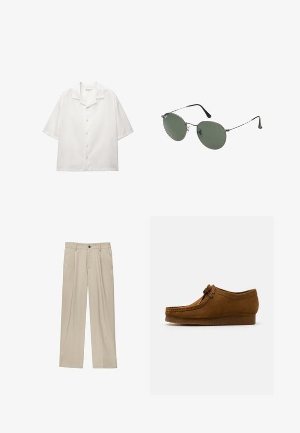 Košeľa s krátkym rukávom a otvoreným golierom z bielej bavlny. Má zapínanie na gombíky s štandardnými gombíkmi a voľný strih.; Béžové nohavice s rovný strihom, s jedným čiernym gombíkom, pútkami na opasok a bočnými vreckami. Hladká textúra látky a minimálny dizajn.; Hnedé semišové topánky s okrúhlym špičkou a nízkym opätkom, s podrobným prešívaním pozdĺž švov a šnurovaním vpredu. Mäkká textura s elegantným dizajnom.; Sunglass s metalovým rámom s oválnymi zelenými šošovkami. Tenký strieborný kovový rám a čierne štuple za uši. Minimalistický dizajn, bez viditeľných log.