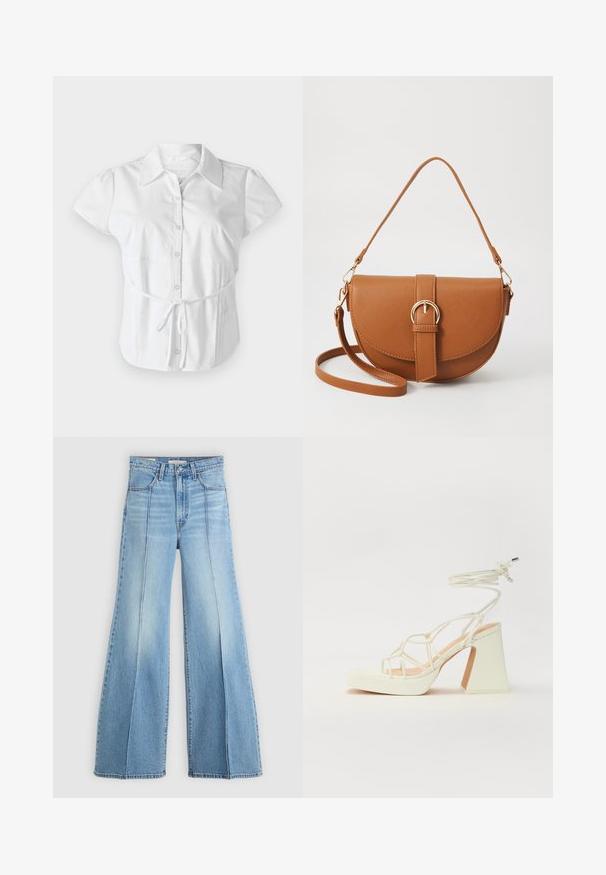 Hollister Co. SLIM SHIRTING - Button-down blouse - white; Light blue high-waisted jeans with wide legs, front and back pockets, belt loops, and vertical seam details on the front.; White high-heeled sandal with a chunky heel, featuring a strappy design and ankle tie. Smooth texture with a platform front for added height.; Brown leather crossbody bag with a curved shape, gold hardware, and a buckle accent. Features a detachable shoulder strap.