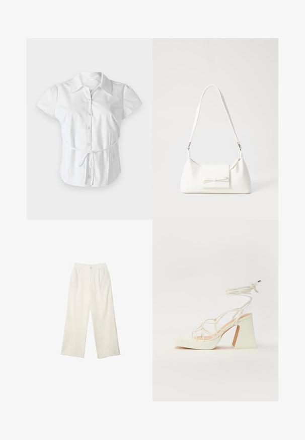 Hollister Co. SLIM SHIRTING - Camicia - white; Pantaloni a gamba larga in tessuto crema con una texture liscia, caratterizzati da un singolo bottone frontale, pieghe sottili e un design a vita alta.; Sandalo bianco con tacco alto, caratterizzato da un design a cinturini e un legaccio alla caviglia. Texture liscia con una piattaforma frontale per un'altezza aggiuntiva.; Borsa sintetica bianca a forma triangolare, con patta anteriore piatta e dettaglio a fiocco, tracolla regolabile, texture liscia e design minimalista.