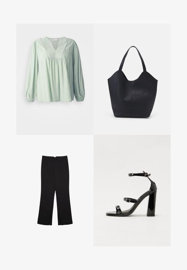 Hellgrüne Bluse mit langen Ärmeln, V-Ausschnitt, gerafftem Oberteil und dekorativer Naht entlang des Ausschnitts. Weiche Textur, lockere Passform.; Schwarze Hose mit geradem Schnitt, ausgestattet mit Fronttaschen und Seitenschlitzen am Saum. Hergestellt aus weichem, glattem Stoff. Geeignet für verschiedene Anlässe.; Schwarze patentierte Sandalen mit Absatz, quadratischer Spitze, Knöchelriemen und silbernen Schnallen. Mit einem stabilen Blockabsatz für mehr Stabilität.; Schwarze Tote-Bag aus glattem Leder, mit einem abgerundeten, offenen Oberteil, zwei Schulterträgern und einem minimalistischen Design.