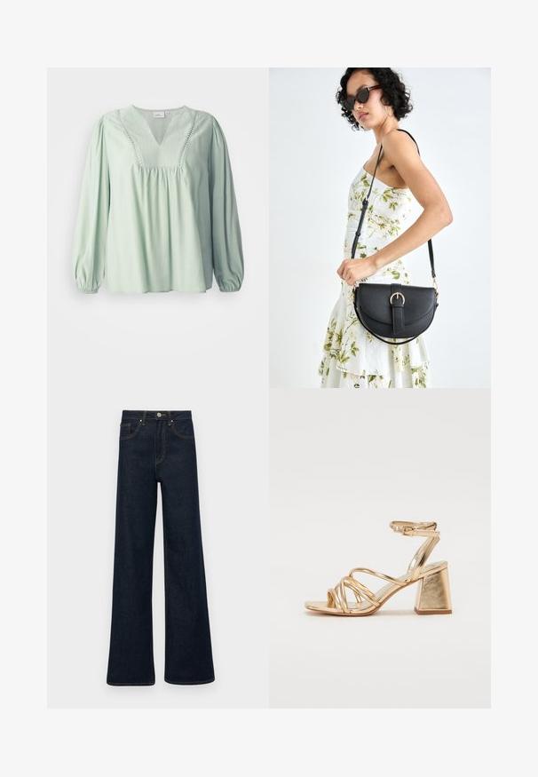 Ljusgrön blus med lång ärm och V-ringning, rynkad kropp och dekorativ sömnad längs halsringningen. Mjuk textur, avslappnad passform.; Mörkblå vida denimjeans med framfickor, bälteshängare och knappstängning.; Guldmetalliska klacksandaler med ett snörningsdesign, fyrkantig blockklack och justerbar ankelrem med spänne. Slät textur.; Svart läderhandväska med en böjd form, avtagbar rem och guldiga detaljer. Väskan har ett lock med en spänndetalj.