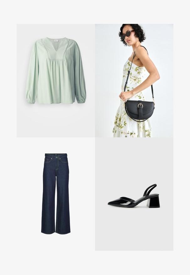 Gaiši zaļš, garām piedurknēm blūze ar V-veida kakla izgriezumu, saburzītu krūšu daļu un dekoratīvu izšuvumu ap kakla izgriezumu. Mīksta tekstūra, brīvs piegriezums.; Tumši denima plaši bikses ar augsto jostasvietu, ar šuvju akcentiem, jostu cilpām un priekšējiem kabatām. Gluda tekstūra, klasiskā dizaina.; Melna lakota āda ar atvērto papēdi, ar smailu purngalu un ģeometrisku blokpapēdi. Iezīmējas elegants, minimāls dizains un gluda tekstūra.; Melnas ādas rokassoma ar izliekta formu, noņemamu siksnu un zelta aksesuāriem. Somai ir vāciņš ar sprādzes detaļu.