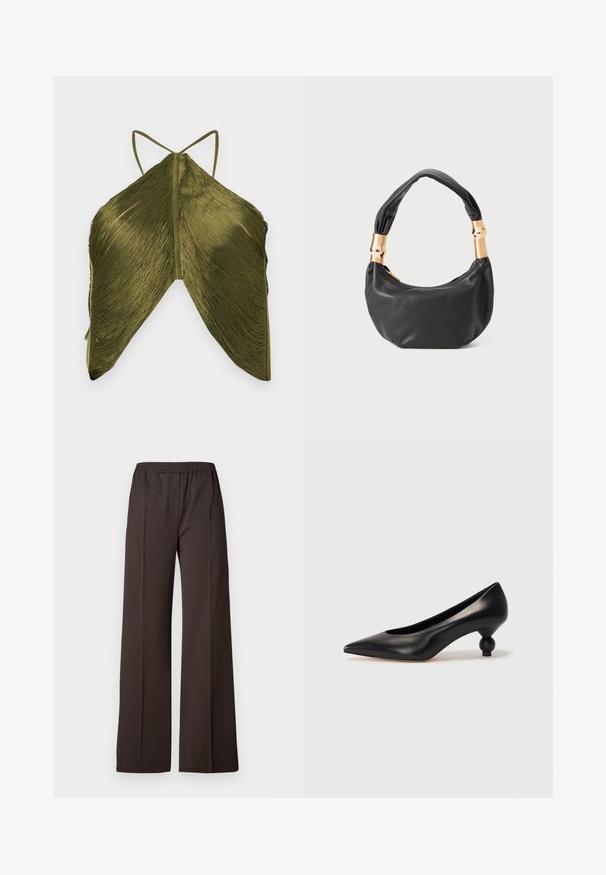 Olīvzaļš tops ar pleatotu tekstūru, kas izceļas ar plānām siksnām un unikālu trīsstūra formu. Aizmugurējā skata uzsver sarežģīto auduma detaļu.; Gari pamatkrāsas tumši brūnas bikses ar elastīgu jostasvietu, kas izceļas ar gludu tekstūru un vienkāršām līnijām, nodrošinot elegantu izskatu.; Melnas ādas augstpapēžu kurpes ar smailu purngalu un apaļu papēdi. Gluda tekstūra ar elegantu, minimālistisku dizainu.; Melnas ādas rokassoma ar apaļu formu, mīkstu tekstūru un mezgla rokturi, kas rotāts ar zelta tonētiem aksesuāriem. Ar rāvējslēdzēja aizdari.