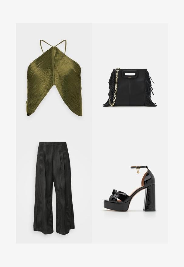 Olīvzaļš tops ar pleatotu tekstūru, kas izceļas ar plānām siksnām un unikālu trīsstūra formu. Aizmugurējā skata uzsver sarežģīto auduma detaļu.; Melnas strīpainas platās bikses ar pieūgumiem, ar pielāgotu dizainu un mīkstu tekstūru. Nav redzamu detaļu vai akcentu.; Maje Augstpapēžu sandales - noir; Melna ādas rokassoma ar frizūras detaļām, zelta ķēdes plecu siksnu un izgrieztu rokturi. Ir logotipa novietojums priekšpusē.