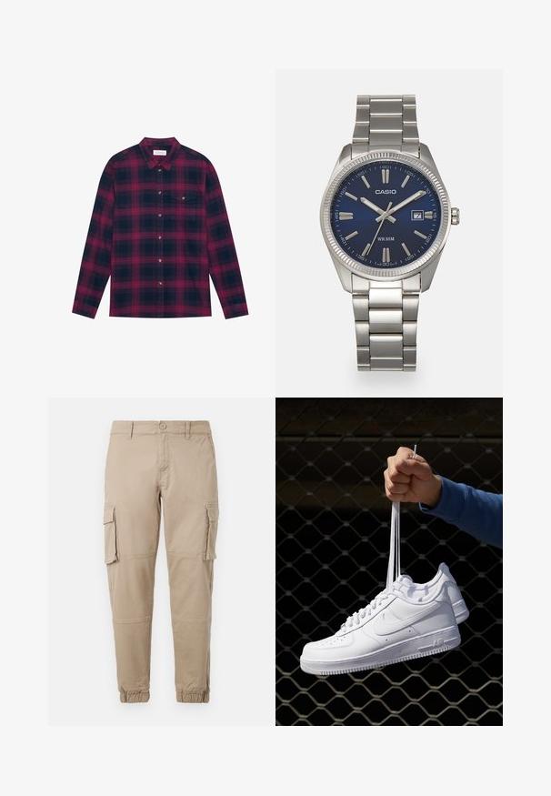 Tumedast sinisest ja burbooni punasest ruudulises mustris pikkade varrukatega särk, millel on nööpidega kaelus, rinnaesine tasku ja kuldse tooni nööbid. Pehme kangas.; Beežid cargo-püksid kergest puuvillaste materjalist. Omab elastseid varrukatükke, mitmeid külgpocket'ite ja nööbiga sulgemist.; Valged nahast tennisetossud, millel on perforatsioonid, ümar nina, lame tallus ja paksud nöörid, nähtava swooshi logoga ja "AIR" kontsadel.; Hõbedane roostevabast terasest käekell, tumesinise lõpliku, metallsete tuntud numbrite ja kuupäevanäidikuga kell 3 juures. Veekindel kuni 50 meetrit.