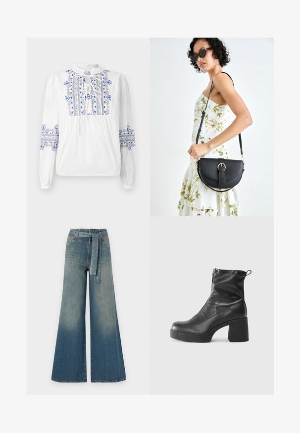 Bijela bluzica s plavim i crnim vezom duž okovratnika i rukava. Ima vezanje na vratu i nabrani gornji dio. Dugi rukavi s elastikom.; Široke traperice s gradijentom od svijetloplave do tamnoplave, visokog struka, petljama za remen i remenom od istog materijala. Teksturirana traper tkanina.; Crne gležnjače od glatke kože, s bočnim zatvaračem, debelim teksturiranim potplatom i dizajnom s zaobljenim prstima.; Crna kožna torba s lukovitim oblikom, odvojivim remenom i zlatnim detaljima. Torba ima preklop s kopčom.