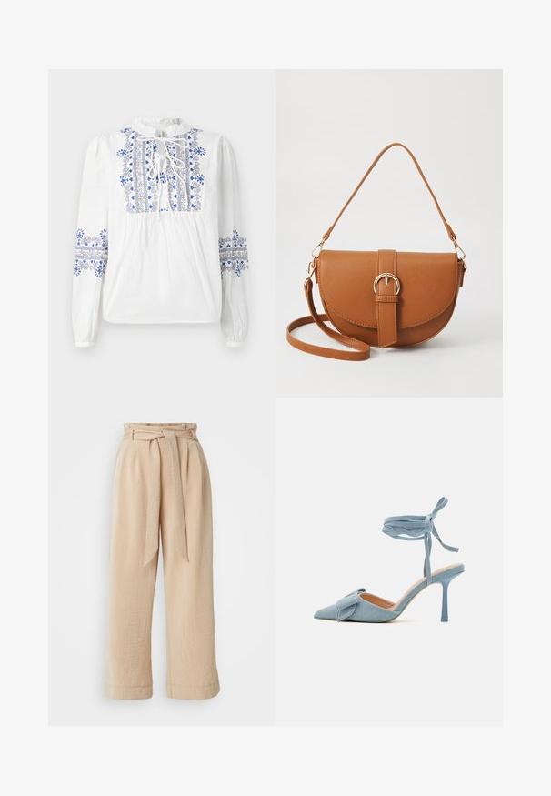 Fehér blúz kék és fekete hímzéssel a vállpánton és az ujjakon. Kötős nyakkivágása és ráncos kivágása van. Hosszú, gumis ujjak.; Beige, bőszárú nadrág övvel, textúrált anyagból készült. Elöl redő található, az alsó szél sima kivitelű.; Hegyes orrú magassarkú cipő világoskék szövetből, texturált felülettel, masnis díszítéssel és bokapánttal a biztos illeszkedésért.; Barna bőr keresztbody táska ívelt formával, aranyszínű fémrészekkel és csat díszítéssel. Levehető vállpánttal rendelkezik.