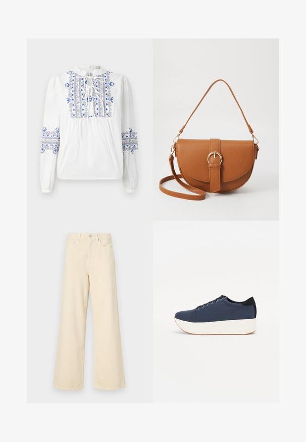 Balta blūze ar zilu un melnu izšuvumu ap apkakli un piedurknēm. Iezīmējas ar kakla saiti un savilkta izgriezuma. Garas elastīgas piedurknes.; Bežīgas platpēdas džinses, izgatavotas no kokvilnas. Iekļauj pogu aizdari, jostas cilpas un priekšējos kabatas ar gludu, mīkstu tekstūru.; Navy zilo apavi ar strukturētu auduma augšdaļu, baltu platformas zoli, noapaļotu pirkstu daļu un melnu papēža akcentu. Iekļautas sešas acs caurumi šnuķēšanai.; Brūns ādas plecu soma ar izliekta formu, zelta piederumiem un sprādzes akcentu. Iesaiņota ar noņemamu plecu siksnu.