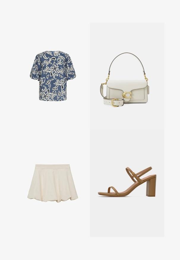 Short-sleeve blue blouse with white floral pattern, round neckline, and gathered shoulders. Soft fabric with a slightly loose fit.; Cream-colored skirt with a soft, smooth texture, flared design, and a scalloped hem. Features a wide, elastic waistband for comfort.; Light brown heeled sandals with two slender straps and a square block heel. Smooth material with minimal design and a small gold buckle detail.; White leather handbag with a gold-tone clasp, black accents, a detachable shoulder strap, and a structured design with a flap closure.