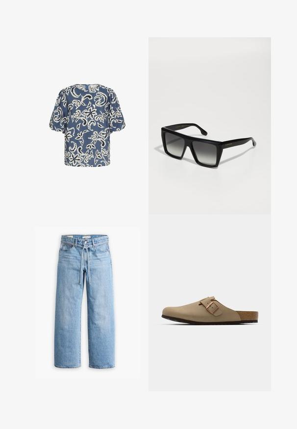 Modrá blůza s krátkým rukávem a bílým květinovým vzorem, kulatým výstřihem a nařasenými rameny. Měkká látka s mírně volnějším střihem.; Dlouhý rukáv bavlněné tričko s vodorovnými černobílými pruhy, kulatý výstřih a jemná textura. Bez viditelného kovového doplňku nebo akcentů.; Světle modré džínové široké kalhoty s vysokým pasem, zapínáním na knoflík a zip, a šňůrkou v pase. Obroušené zakončení.; Bežové dřeváky s kulatou špičkou, nastavitelným sponovým detailem a korkovou stélkou. Texturovaný povrch s černou gumovou podrážkou pro lepší přilnavost.; Černé oversized čtvercové sluneční brýle s gradientními čočkami, silnými rámy a zlatým logem na spánku. Hladký plastový materiál.