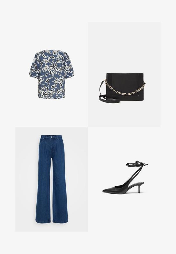 Kratkām piedurknēm, zila blūze ar baltu ziedu rakstu, apaļu kakla izgriezumu un savāktām plecu daļām. Mīksts audums ar nedaudz brīvāku piegriezumu.; Platas kājas zila denim bikses ar augstu jostasvietu, priekšējo pogu un slēgšanu ar rāvējslēdzēju, kā arī priekšējām un aizmugurējām kabatām uz vienkārša fona.; Melnas ādas stiletto kurpes ar norādītu purngalu, atvērtu aizmuguri un potītes siksniņām, kas sasietas neglītajā mezglā. Šaurs 3 collu papēdis. Gluda tekstūra, minimālisma dizains.; Melna ādas crossbody soma ar gludu faktūru, taisnstūrveida formu un metalizētu ķēdes detaļu priekšā. Iekļauta regulējama siksna.; Sudraba divu joslu gredzens ar gludu, pulētu virsmu. Iezīmējas ar plūstošu, izliekta dizaina struktūru ar pārklājošām sekcijām modernam izskatam.