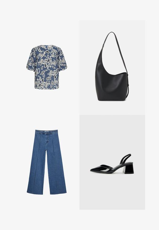 Bluza kratkih rukava plave boje s bijelim cvjetnim uzorkom, okruglim izrezom i nabranim ramenima. Meka tkanina s lagano opuštenim krojem.; Široke traperice u srednje plavoj boji, s visokim strukom, zatvaranjem na dugme i kontrastnim vertikalnim šavovima duž prednje strane.; Crne lakirane kožne sandale s otvorenom petom i špicastim vrhom, s geometrijskom blok petom. Imaju elegantan, minimalistički dizajn i glatku teksturu.; Crna kožna hobo torba s glatkom teksturom, zakrivljenim oblikom i jednom podesivom trakicom; ima širok otvor na vrhu.