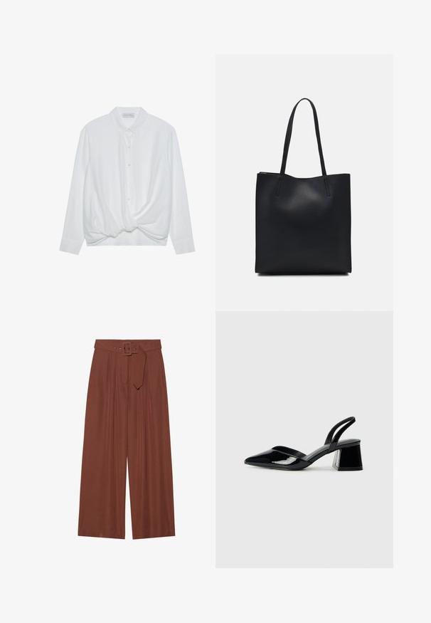 White long-sleeve shirt with a collar, button front, and twisted knot detail at the hem. Smooth fabric with a relaxed fit.; Wide-leg trousers in brown fabric, featuring a belt with a square buckle, pleated design, and smooth texture.; Black patent leather slingback heels with a pointed toe and a geometric block heel. Features a sleek, minimal design and smooth texture.; Black leather tote bag with smooth texture, rectangular shape, and two long handles. No visible hardware or embellishments.