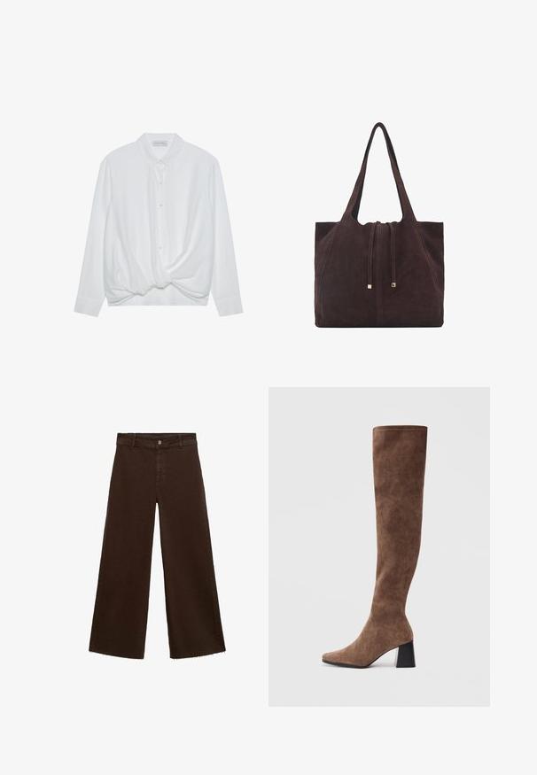 Weißes Langarmhemd mit Kragen, Knopfleiste und verdrehtem Knoten-detail am Saum. Glattes Material mit lässiger Passform.; Braune, weit geschnittene Hosen aus Baumwollmischung mit fransigem Saum, vorderem Knopfverschluss und klassischem Fünf-Taschen-Design. Minimalistisch und vielseitig.; Braune Overknee-Stiefel aus weichem Wildleder mit spitzer Zehenform und einem massiven schwarzen Absatz. Das Design verfügt über nahtlose Nähte für einen eleganten Look.; Mango Shopping Bag - dark brown