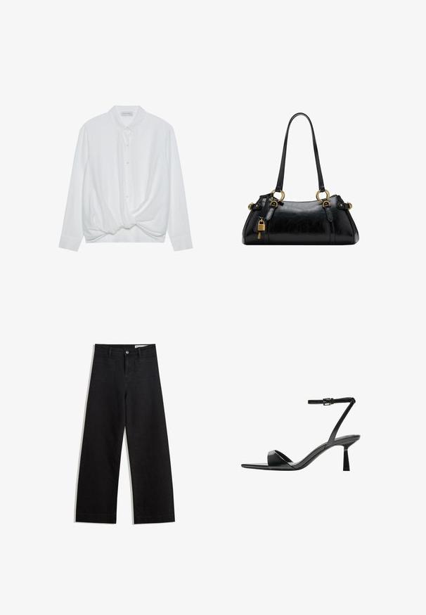 Witte lange mouwen blouse met een kraag, knopen aan de voorkant en een gedraaide knoopdetail aan de onderkant. Soepele stof met een relaxte pasvorm.; Zwarte denim broek met wijde pijpen en een hoge taille, voorzien van voor- en achterzakken, gestikte naden en een knoopsluiting. Gladde textuur.; Bershka Sandalen met hoge hak - black; Zwarte leren handtas met een gladde textuur, afgeronde vorm, gouden hardwareaccenten en dubbele handgrepen. Bevat een decoratieve sluiting aan de zijkant.