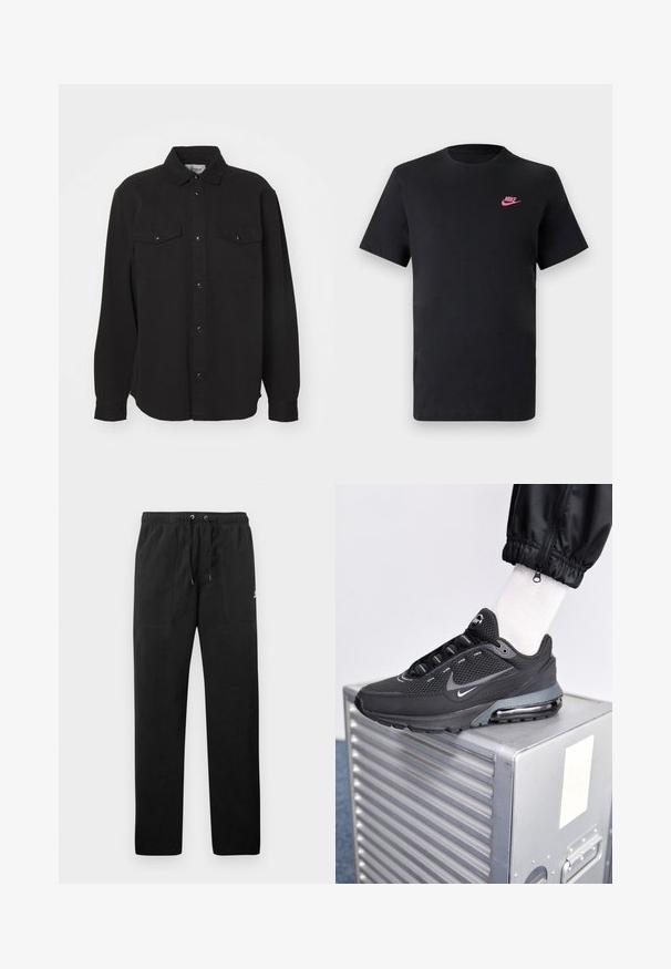 Černá košile s dlouhým rukávem, bavlněný materiál, špičatý límec, přední zapínání na knoflíky, dvě náprsní kapsy se zacvakávacími knoflíky, rovný lem, volný střih.; Černé bavlněné tričko s kulatým výstřihem a krátkými rukávy. Na horní levé straně se nachází růžové logo Nike. Hladká textura.; Černé teplákové kalhoty vyrobené z fleecu, s elastickým pasem a šňůrkami, dvěma předními kapsami a malým logem na stehně.; Nike Sportswear PULSE - Tenisky - black/anthracite