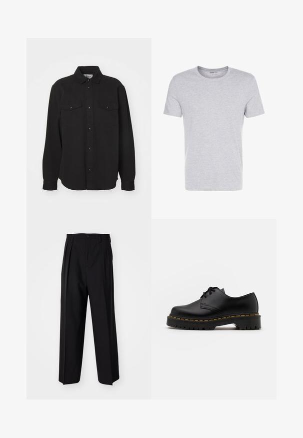 Musta pitkähihaoinen paita, puuvillakangasta, terävä kaulus, etupainonappikiinnitys, kaksi rintataskua napsulukoilla, suora helma, rento istuvuus.; Harmaa puuvillainen t-paita, jossa on pyöreä pääntie, lyhyet hihat ja yksinkertainen muotoilu. Paita on pehmeä ja sileä, eikä siinä ole näkyviä kuvioita tai koristeita.; Mustat laskostetut housut, joissa on suora, leveä lahje. Valmistettu sileästä kankaasta, jossa on nappisuljenta ja vyölenkit.; Musta nahkainen nauhakenkä, jossa on pyöreä kärki, kuvioitu kumipohja ja keltaiset tikit ympäri pohjaa. Litteä muotoilu ja sileä pinta.