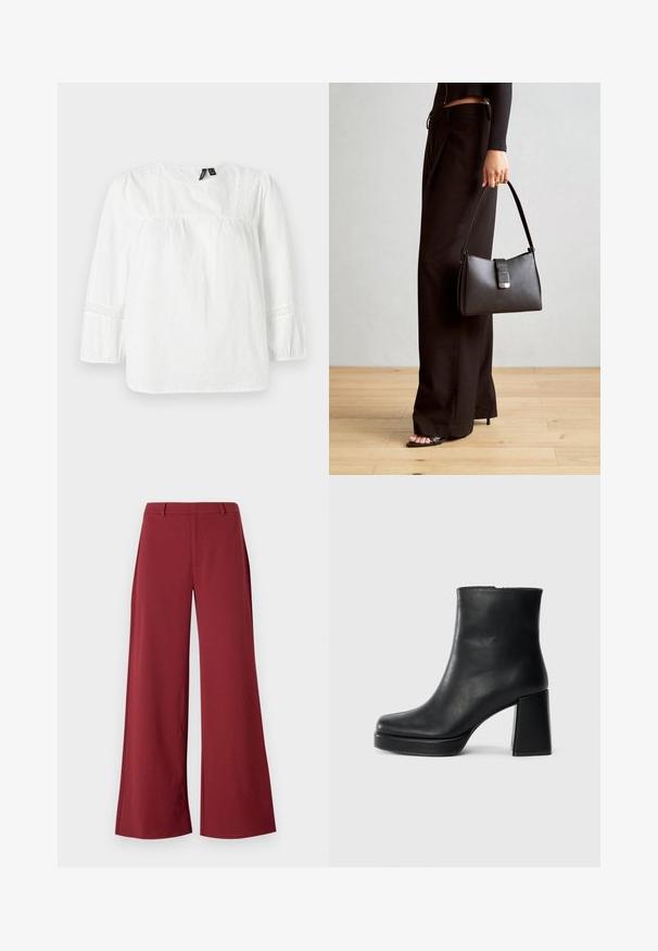 Hvid langærmet bluse i tekstureret bomuld med puffede ærmer, blonder detaljer langs skuldrene og manchetterne, samt en rund halsudskæring.; Bredde bukser i en dyb burgunderfarve. Lavet af et glat, strækbart stof med skræddersyede sømme og lynlås foran.; Sort læder ankelstøvle med blokhæl og platformssål, set fra siden på en ensfarvet hvid baggrund.; Sort håndtaske med struktureret form, glat overflade og metalspænde. Sammen med brede sorte bukser og sandaler med åben tå på trægulv.