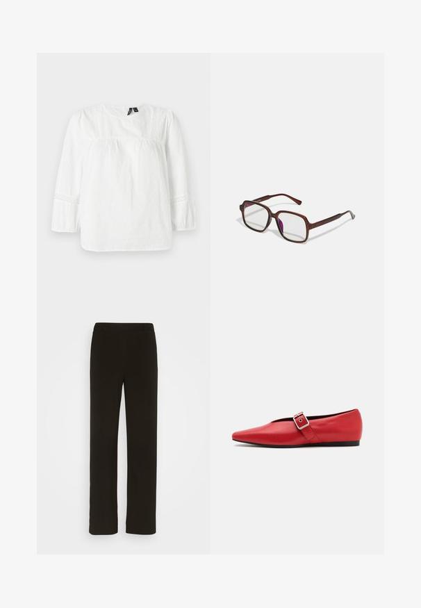 Weiße Langarmbluse aus strukturiertem Baumwollstoff mit Puffärmeln, Spitzenakzenten an den Schultern und Ärmeln sowie einem runden Halsausschnitt.; Schwarze, gerade geschnittene Hose aus gewebtem Stoff mit flachem Bund, zwei seitlichen Taschen und einer glatten Textur. Keine sichtbaren Muster oder Akzente.; Rote Leder-Ballerina mit einer spitzen Zehe, ausgestattet mit einem Seitenriemen mit einer Metallschnalle und einem niedrigen schwarzen Absatz. Glatte Textur über die gesamte Fläche.; Braune, rechteckige Brille mit transparenten Gläsern und lila Tönungen. Glatter Kunststoffrahmen mit geraden Bügeln und dezenten Akzenten.; Goldene Creolen mit einer strukturierten, unregelmäßigen Form. Sie verfügen über einen nahtlosen Verschluss und eine polierte Oberflächenbehandlung, die ein modernes Design betont.