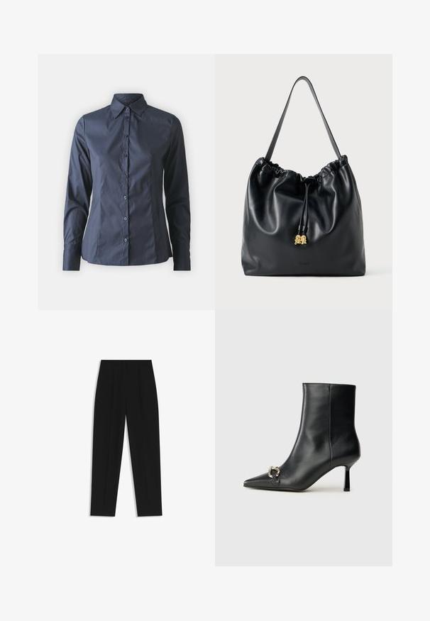 Navy blue long-sleeve shirt with button-up front, pointed collar, and a tailored fit. Made of smooth, lightweight fabric.; Black trousers with a straight fit, featuring double pleats, a smooth texture, and a classic waistband design. No visible hardware or accents.; Black leather ankle boot with pointed toe, slim mid-height heel, and silver buckle detail on side against plain background.; Black leather drawstring bag with a smooth texture, gathered top, and subtle gold hardware. Features a single sturdy strap and embossed logo.