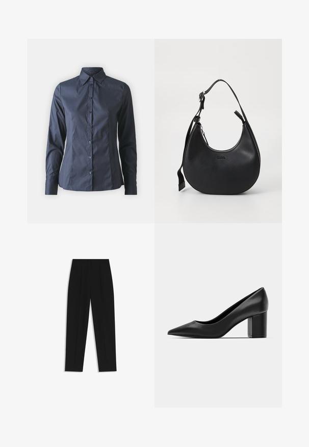 Marinblå långärmad skjorta med knäppning framtill, spetsig krage och skräddarsydd passform. Tillverkad av smidig, lätt tyg.; Svarta byxor med rak passform, med dubbla fickor, en slät yta och en klassisk midje-design. Ingen synlig hårdvara eller detaljer.; Svart läderklack med spetsig tå och en kraftig fyrkantig klack. Slät textur, enkel design, passar för formella sammanhang.; Svart läderaxelväska med en rundad form, dragkedjestängning och justerbar rem. Har ett präglat varumärkeslogo på framsidan.