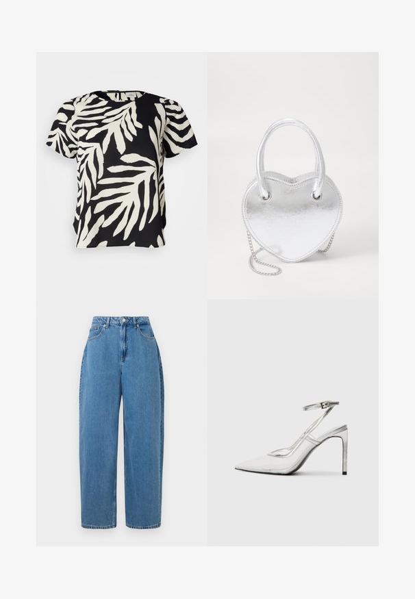 Svart og hvit kortermet topp med bladmønster, med rund hals og en litt løs passform. Glatt stofftekstur.; Lyseblå denimbukser med rett passform, høy midje og frontlukking med knapp. Har fem lommer og minimale sømdetaljer.; Klare stiletthæl sko med spids tå, gennemsigtigt materiale, metallisk sølvdetaljer og justerbar ankelrem.; Sølv metal hjerteformet håndveske med doble håndtak, kjedehank og jevn tekstur. Har metallhardware og sømmede kanter.