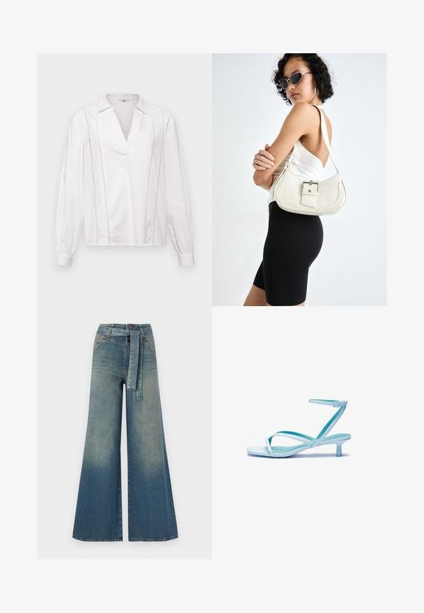 White long-sleeve blouse with a V-neck, featuring vertical stitch detailing and gathered cuffs. Made of smooth, lightweight fabric.; Wide-leg denim trousers featuring a light to dark blue gradient, high waist, belt loops, and a matching fabric belt. Textured denim finish.; Light blue strappy sandal with a square toe, low heel, adjustable ankle strap, and smooth, glossy finish. Crossed straps on the footbed.; White leather handbag with a curved shape, adjustable strap, and a small buckle detail. Model wears a fitted black outfit.