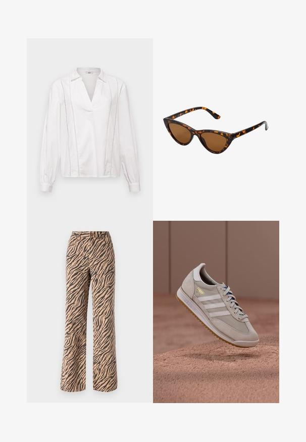 Bela bluza z dolgimi rokavi in V-izrezom, ki ima navpične šive in nastavljene manšete. Narejena iz gladke, lahke tkanine.; Široke hlače z vzorcem tiger pruga v odtenkih rjave in črne barve, s standardnim pasom in petimi žepi.; Bež superge z zgornjim delom iz semiša in mrežastega materiala, belimi tremi črtami, gumijastim podplatom v barvi gume, modrimi vezalkami ter zlatim logotipom kot poudarkom. Klasičen retro dizajn.; Mačje oči sončna očala z okvirom v črno-oranžni želvej ohišji, rjavimi lečami in elegantnimi, ostrimi konicami. Imajo minimalistični logo na ročaju.