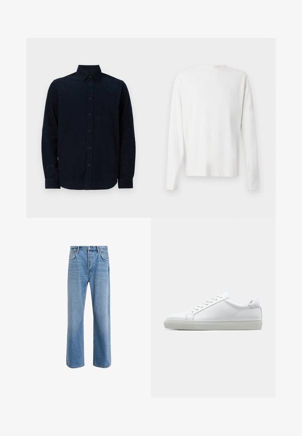 Camicia a maniche lunghe di colore blu navy, realizzata in tessuto testurizzato, con chiusura frontale con bottoni, colletto a punta e polsini con bottoni.; Camicia bianca in cotone a maniche lunghe con scollatura rotonda, spacchi laterali in fondo e una texture liscia, mostrata da dietro.; Jeans in denim blu chiaro con design a gamba dritta, cinque tasche, chiusura con bottone, leggero sbiadimento e dettagli di cucitura a contrasto.; Sneaker bianco con tomaia in pelle liscia e profilo basso. Presenta una punta arrotondata, sei occhielli e una suola in gomma testurizzata.