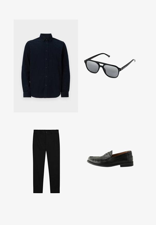 Marineblå langærmet skjorte lavet af struktureret stof, med knaplukning foran, spidse kraver og knaplukninger ved manchetterne.; Hvide bomulds tanktoppe, ærmeløs design, rund hals, ensartet tekstur, med et blødt, let stof. To stykker vist.; Sorte skræddersyede bukser med knaplukning, bælteholdere og slim lige ben, præsenteret på en hvid baggrund.; Sorte læder loafers med en glat overflade, rund tå, håndsyede detaljer og en lav gummisål. Klassisk og alsidigt design.; Sorte solbriller med rektangulære rammer, gråt tonede linser og en broudskæring design. Slankt, glat plastmateriale med smalle stænger.