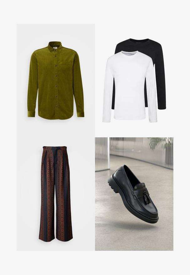 Roheline korduroy-särk pikal varrukal, nupuga kaelus ja üks rinnaeend. Omab vertikaalset ribakujundust ja musti nuppe.; Kaks pikkade varrukatega t-särki, üks must ja teine valge, valmistatud puuvillast, neil on ümar kaelus ja siledad tekstuurid, esitletud kuhjana.; Tumed jalad tumepunases kangas, millel on keeruline oranž geomeetriline muster, plekitud eesmine osa ja hästi sobiv värv.; Mustad nahast mokassiinid, millel on sile viimistlus, dekoratiivne tutt, paks kummist tald ja õmmeldud detailid. Kerge ja voolujooneline disain.