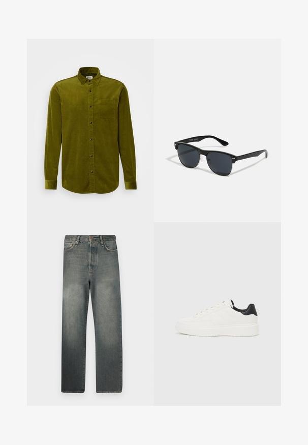 Zelena kord halka srajca z dolgimi rokavi, ovratnikom na gumbe in enim žepom na prsih. Ima vertikalno rebrasto teksturo in črne gumbe.; Jack & Jones JJIALEX JJCOOPER - Vrečaste kavbojke - black denim; Beli usnjeni superge z embosiranim vzorcem, teksturiranimi belimi srednjimi podplati in črnim poudarkom na peti. Imajo zaobljen nos in ravne vezalke.; Črne sončne naočare pravokotne oblike, temna leča, srebrni detajli na ušesih in mat površina na okvirju.