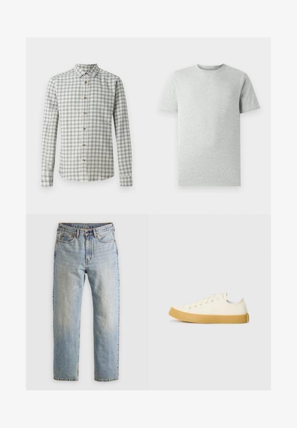 Valge ja mereväe sinine pikakäiselise särk, millel on nööpidega krae ja puidust nööbid, kogu särk on kaunistatud ruudulise mustriga.; Ühtlane heledahall lühikeste varrukatega ümmarguse kaelusega T-särk, esiplaanil, valge tausta ees, ilma nähtavate logode või kujunditeta.; Heledad hele sinine teksapükste kõrge vöökoht, ees nupuga, lukuga ja viie taskuga disain, asetatud tasasele neutraalsele taustale.; Kangasneakerid kreemjas valges, ümmarguse varbaga, beeži kummitaldaga ja viie silmaga paelte jaoks, tekstuurse viimistlusega ülaserv.