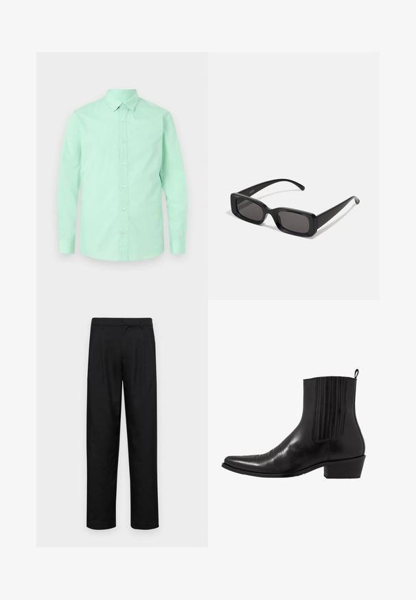 Miętowa koszula z długim rękawem, z kołnierzykiem i zapinana na guziki z przodu. Gładka tekstura, jednolity kolor bez widocznych wzorów lub akcentów.; Czarne spodnie wykonane z gładkiego materiału, z prostą nogawką, dwoma fałdami z przodu oraz standardowym paskiem z wypustkami na pasek.; Czarne skórzane botki za kostkę z wąskim noskiem, elastycznymi bocznymi panelami, pionowymi przeszyciami i niskim słupkowym obcasem.; Czarne prostokątne okulary przeciwsłoneczne z ciemnymi szkłami, błyszczącym wykończeniem, szerokimi zausznikami i masywną konstrukcją. Wygrawerowana nazwa marki na jednym z zauszników.