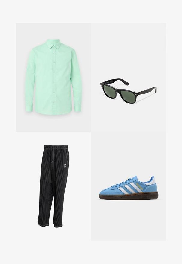 Tyrkysově zelená košile na knoflíky s dlouhými rukávy, límečkem a zapínáním na přední straně. Hladká textura, jednobarevná bez viditelných vzorů nebo akcentů.; Černé kalhoty s pruhy, elastickým pasem, bočními kapsami a malou žádankou na přední straně. Lehká tkanina s hladkou texturou.; Světle modré semišové tenisky s bílými koženými pruhy, hnědou texturovanou podrážkou a zlatým logem. Nízký design s zaoblenou špičkou.; Černé plastové sluneční brýle se zelenými skly, čtvercové obroučky, stříbrný detail na obočí a texturované stranice. Značka uvedená na vnitřní straně stranic.