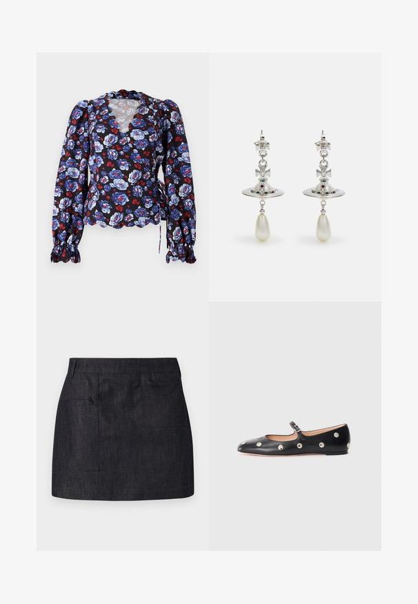 Juoda gėlėta blusa su mėlynomis ir raudonomis gėlėmis, iškirptė su banguotu kraštu, ilgas pūkuotas rankoves ir juosmens raišteliai. Lengvas audinys.; Tamsiai mėlyna džinsinė sijonas su tiesia iškirpte, turintis dvi priekinės kišenes ir subtilią tekstūrą. Švarus apdaila ir standartinis juosmens dizainas.; Juodų odinių Mary Jane plokščių batų su apvaliu pirštu, papuoštų sidabriniais apvaliais nagais ir reguliuojamu dirželiu su sagtimi.; Sidabrinės auskarai su apvaliu žiedu, papuošti spindinčiomis akmenimis ir ašarėlės formos perlo pakabučiu. Išskirtinis dizainas su rafinuotais akcentais.
