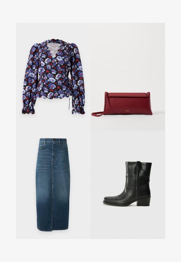 Fekete virágmintás blúz kék és piros virágokkal, ívelt nyakkivágással, hosszú puff ujjakkal és megkötős díszítéssel a deréknál. Könnyű anyag.; Sötét indigókék farmer midi szoknya, elülső hasítékkal és enyhe kopással. Klasszikus öt zsebes dizájn fém gombos záródással.; Fekete bőr bokacsizma lekerekített orral, blokk sarkúval, oldalsó cipzárral és varrásos díszítéssel az elején. Simább textúra, klasszikus dizájn.; Piros bőr klutcs táska textúrázott felülettel, lapos hajtogatott tetejével és rövid pánttal. Diszkrét márkájú logó elöl.
