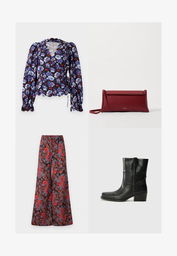 Bluză neagră cu flori, având motive în nuanțe de albastru și roșu, guler ondulat, mâneci lungi tip balon și accente cu fundițe la talie. Material ușor.; Pantaloni largi dintr-un material negru, decorat cu un model floral vibrant în nuanțe de roșu și albastru, având un talie elastica pentru confort.; Botine din piele neagră, cu vârf rotund, toc pătrat, fermoar pe lateral și accente de cusături pe partea superioară. Textură netedă, design clasic.; Geantă de mână roșie din piele cu o textură rafinată, având un capac plat pliat și o curea scurtă. Logo-ul subtil al mărcii pe față.