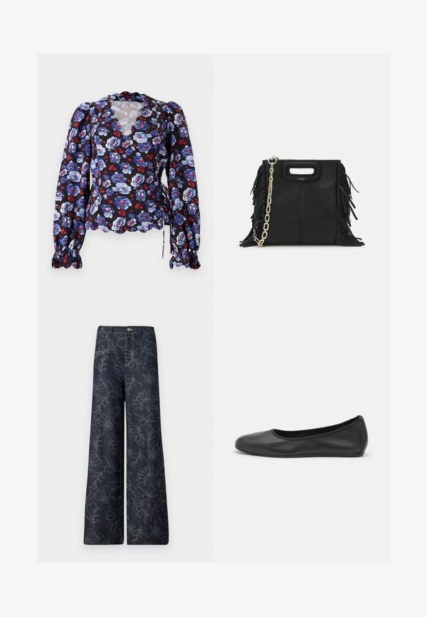 Czarna bluzka w kwiaty z niebieskimi i czerwonymi kwiatami, koronkowy dekolt, długie bufiaste rękawy oraz wiązania w talii. Lekki materiał.; Ciemnoniebieskie spodnie typu wide-leg z haftowanym kwiecistym wzorem w jasnoniebieskim kolorze. Klasyczny pięciokieszeniowy fason z zapięciem na guzik z przodu.; Czarne skórzane baletki z zaokrąglonym noskiem, gładką fakturą, minimalnymi przeszyciami i elastycznym designem podeszwy.; Czarna skórzana torebka na ramię z frędzlami, złotym łańcuszkiem oraz wyciętym uchwytem. Posiada umieszczone na przodzie logo.