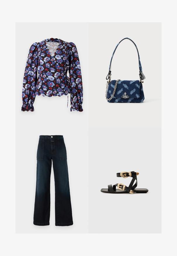 Czarna bluzka w kwiaty z niebieskimi i czerwonymi kwiatami, koronkowy dekolt, długie bufiaste rękawy oraz wiązania w talii. Lekki materiał.; Ciemnoniebieskie dżinsy typu wide-leg z denimu, z wysokim stanem, przednimi kieszeniami i zapięciem na guzik z przodu. Gładka tekstura z lekkim efektem sprania.; Czarne skórzane sandały z złotymi klamrami, z wieloma paskami i płaską podeszwą, idealne do noszenia na gołe palce.; Granatowa torebka z tkaniny o textured wzorze, ze srebrnymi akcentami i odpinanym łańcuchem. Posiada zapięcie na klapkę oraz akcent z logo.