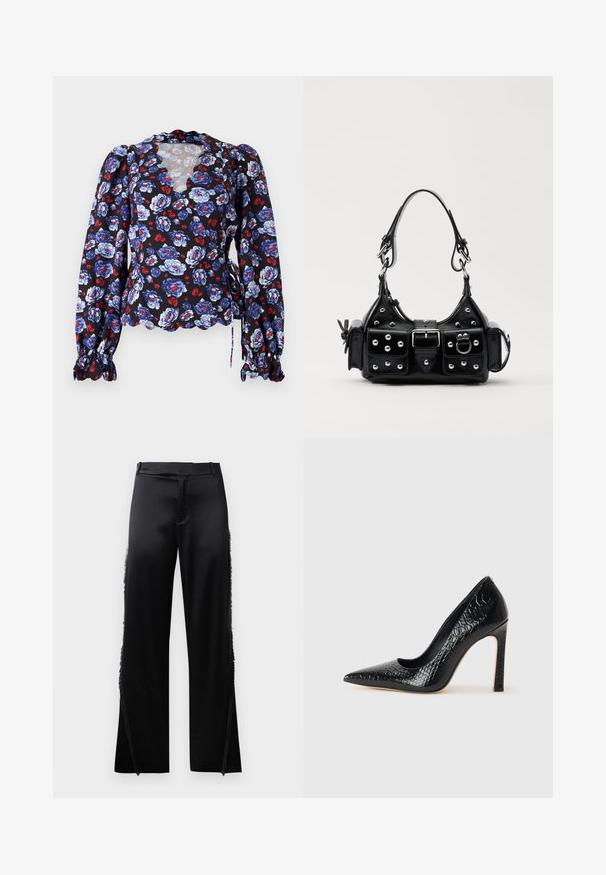 Bluză neagră cu flori, având motive în nuanțe de albastru și roșu, guler ondulat, mâneci lungi tip balon și accente cu fundițe la talie. Material ușor.; Pantaloni negri din satin, cu picioare largi, având detalii cu franjuri de-a lungul cusăturilor laterale și o talie plată în față. Spatele este simplu, fără buzunare.; Pantofii cu toc înalt, ascuțiți, de culoare neagră, cu textură de piele de crocodil, având un design elegant, toc în stil stiletto și interior neted de culoare neagră.; Geantă de piele neagră cu un design curbat, dotată cu studuri argintii, o cataramă și două buzunare laterale. Curea ajustabilă pentru opțiuni de transport.