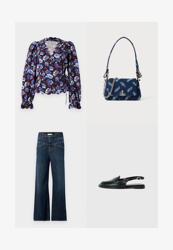 Melnas ziedu blūzes ar ziliem un sarkaniem ziediem, ar viļņotu kakla izgriezumu, garām pūku piedurknēm un sasienamu akcentu jostasvietā. Viegls audums.; Plati kāju džinsi, izgatavoti no tumši zaļa džinsu auduma, ar augstu vidukli, divām priekšējām kabatām un atšķirīgu vīļu apdari.; Melnas ādas slingu kājas ar noapaļotu purngalu, plakanu zoli, sānu izgriezumu un siksnu ar zelta toni detalizāciju.; Tumši zils auduma rokassomiņa ar struktūrētu dizainu, sudraba detaļām un noņemamu ķēdes siksnu. Ietver salocītu aizdari un logotipa akcentu.